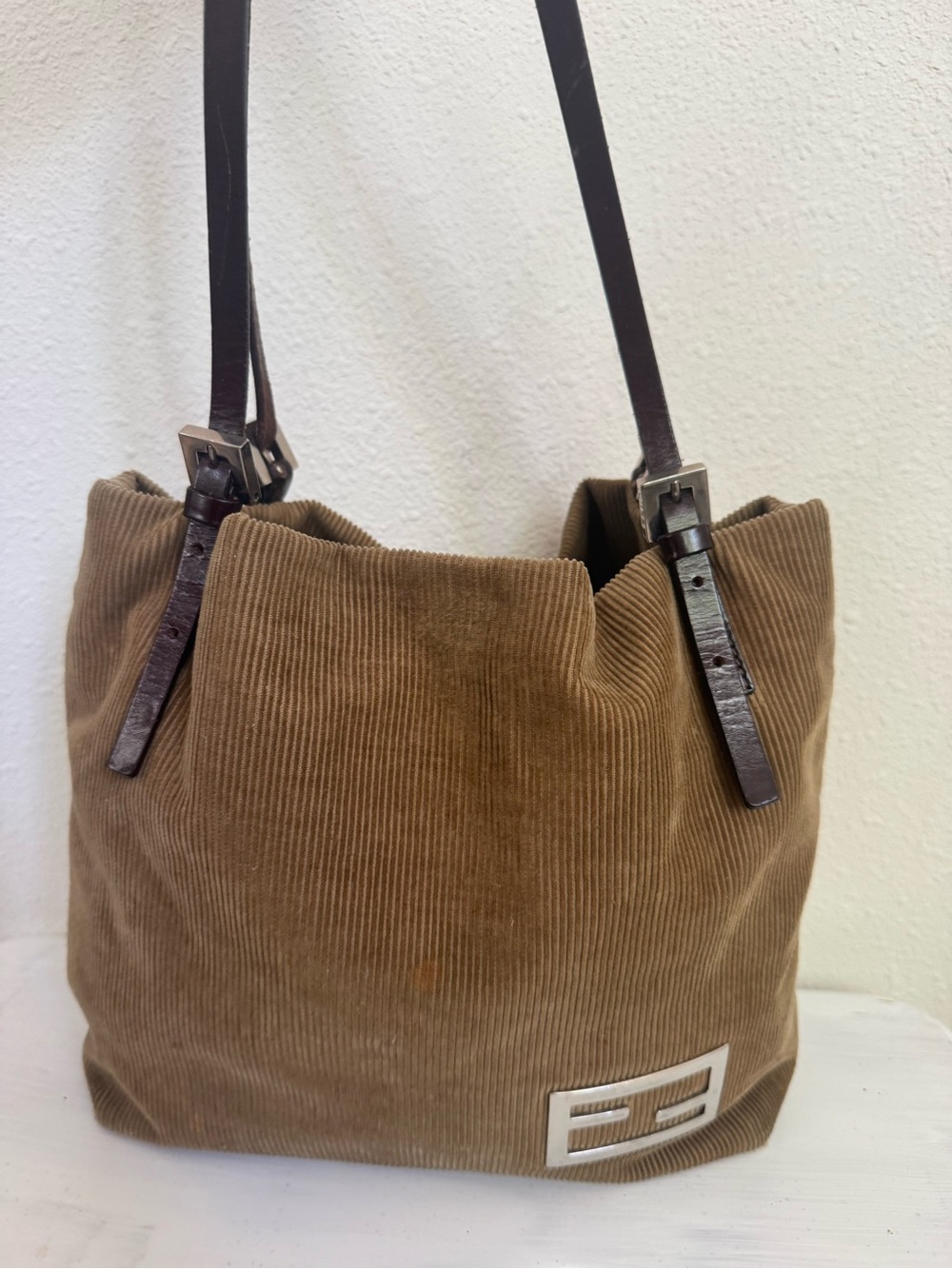 Vintage Fendi Tan Corduroy Tote Shouldet Bag with Dark Brown Leathet Straps